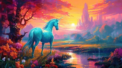 illustration ambient fantasy, unicorn in magic lawn, idea for fairytale background or home wall decor,  Generative Ai
