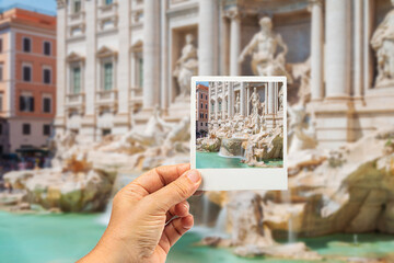 Polaroid photo  in front of the Trevi Fountain in Rome, Italy