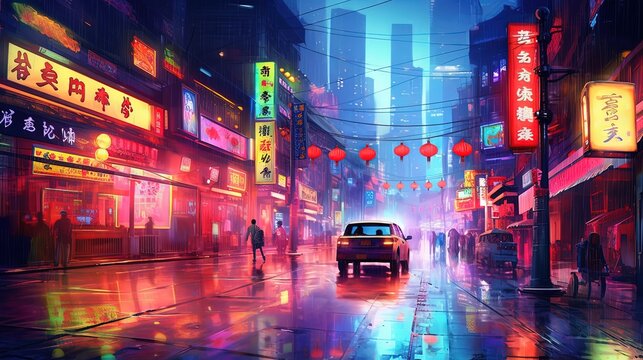 illustration of Chinatown in night time, idea for beautiful home wall decor,  Generative Ai