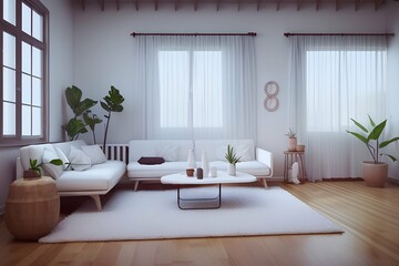 Fototapeta premium White minimalist living room interior with sofa on wooden floor, decor on a big wall, white landscape in window with curtains. - generative ai 
