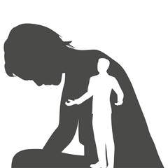 Silhouette of man in prayer pose. Man asking woman to marry or forgive him. Couple relationships