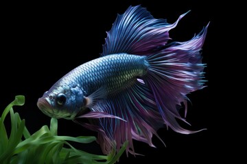 Fototapeta premium close up view on the gorgeous iamese fighting Betta fish isolated on black, ai generated image