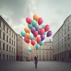 Woman holding a bunch of balloons in a city square for Women's Day, Generative AI