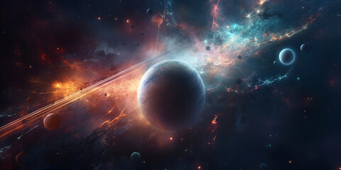 Universe scene with planets, stars and galaxies in outer space showing the beauty of space exploration. AI generated