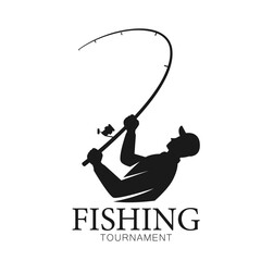 Angler fisherman fighting big fish rod and reel, fisherman drawing, logo fly fishing, vector