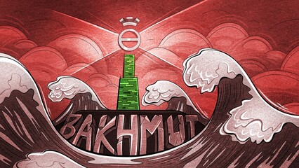 Illustration of a lighthouse in a stormy sea with the coat of arms of the Ukrainian city of Bakhmut.