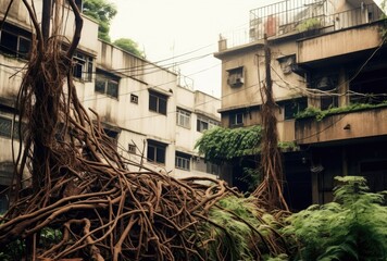 an abandoned building in a city on a street Generative Ai