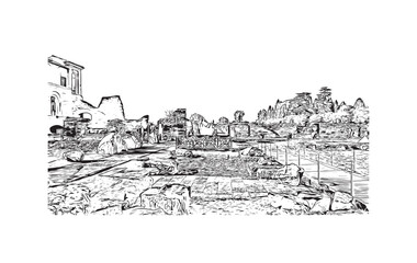 Building view with landmark of  Rome is the capital city in Italy. Hand drawn sketch illustration in vector.