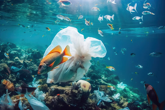 Illustration of a plastic bag polluting the ocean and endangering marine life created with Generative AI technology