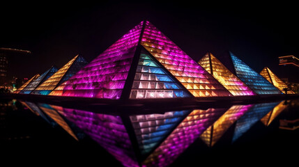 AI Generative of Award-winning professional cinematic photography of massive floating masterpiece pyramids design that is a hub of entertainment games futuristic vegas.