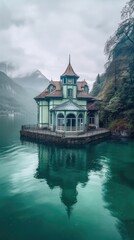 Fototapeta premium the lake and a floating building surrounded by mountains Generative Ai