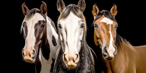 Portrait of 3 horses of different colors - AI Generative