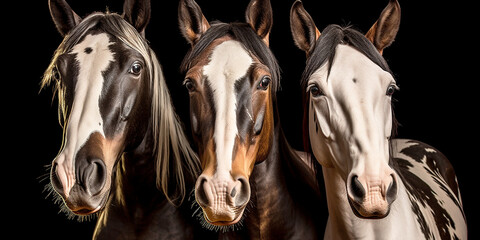 Portrait of 3 horses of different colors - AI Generative