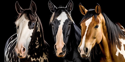 Portrait of 3 horses of different colors - AI Generative