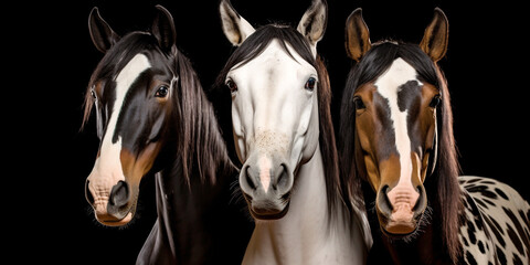 Portrait of 3 horses of different colors - AI Generative