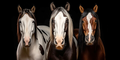 Portrait of 3 horses of different colors - AI Generative