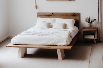 Cozy white bed with wooden table near light wall - generative ai
