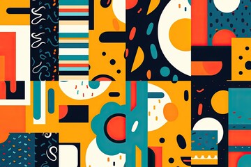 Fun colorful pattern. Creative 90s style geometric shape background for children or trendy design with bright collage shapes. Generative AI Illustration.