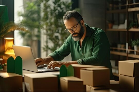Man in green polo shirt using laptop while sitting at desk and preparing carton box for shipping during work in logistic office. Generative AI illustration.