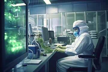 Biologist wearing protective mask working in the laboratory office with a computer. Realistic generative AI illustration.