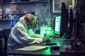 Rat wearing protective goggles working in the laboratory office with a computer. Generative AI illustration.