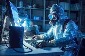 Biologist wearing protective mask working in the laboratory office with a computer. Realistic generative AI illustration.