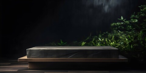 Wooden natural table with stone and dark grey background with copy space. Product placement and presentation. Generative AI