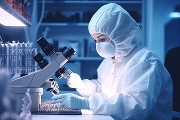 Side view of female biomedical scientist in protective mask and gloves controlling process of fertilisation through microscope while working in modern laboratory. Realistic generative AI illustration.