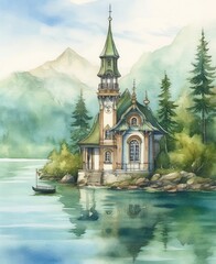 watercolor illustration of a house by a lake in the mountains Generative Ai