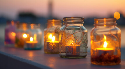 Serenity by the Sea: Closeup Macro of Candles in Ornate Glass Jars at Sunset. Generative AI