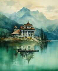 watercolor illustration of a house by a lake in the mountains Generative Ai