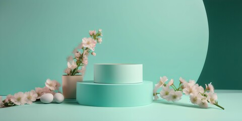 White platform for product placement with copy space on bright and turquoise background. Generative AI