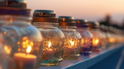 Serenity by the Sea: Closeup Macro of Candles in Ornate Glass Jars at Evening Sunset. Generative AI