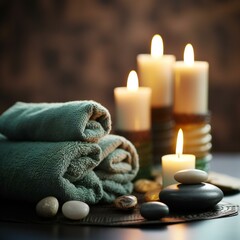  turquoise and brown spa towels, candles, and stones. Created with generative AI.
