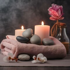 Fototapeta na wymiar Pink and Grey Spa background with candles, stones and towels. Created with generative AI.