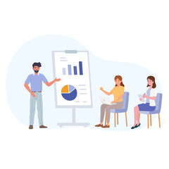 Business people. Diverse characters working as a teamwork at office. Business meeting and brainstorming with team for goal planning and target to achieve financial strategy. Flat vector illustration.