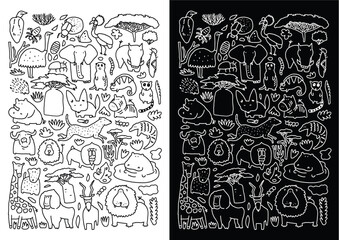 Savanna creatures and africa animals doodle set. Scribble. Forest lion, leopard, zebra, rhino, ostrich, cheetah, elephant, hippo. Wildlife elements in sketch style. Outline vector illustration