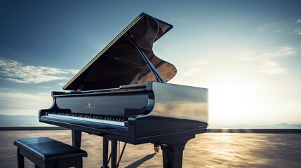 Take a Musical Journey with the Grand Piano in a Dreamy Blue Sky Setting: Generative AI