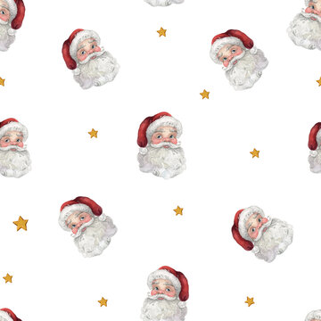 Watercolor santa claus head seamless pattern on white background. Hand-drawn Christmas background, design for wrapping paper in a realistic cute style