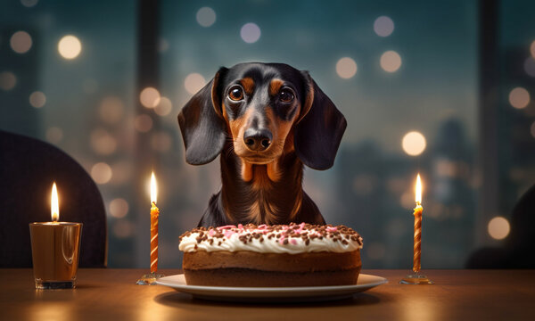 a dachshund wiener dog with a birthday cake , Generative Ai