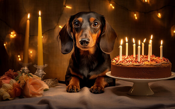 a dachshund wiener dog with a birthday cake , Generative Ai