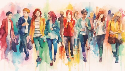 Naklejka premium A group of people illustrated in color. (Watercolor style, Generative AI)