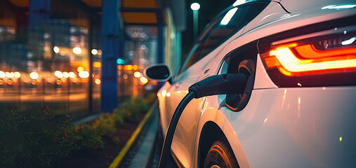 The car is connected by a cable to the EV charging station. Electric vehicle charging station. Modern electric cars. The concept of green energy. 