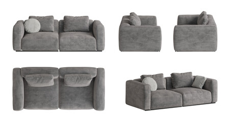 A set of five views of a gray compact sofa with two rectangular back cushions, small round and square decorative pillows. Front, top, perspective, and side views. 3d render