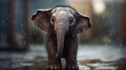 Melancholy in the Rain: A Baby Elephant's Tearful Solitude. Generative AI