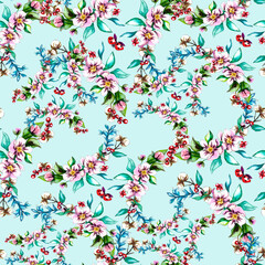 Seamless Pattern of hand drawn watercolor apple tree flowers and cotton branches.Isolated background.Design for wedding invitation, fabric, packaging, textile, cover, postcard, paper, greeting cards