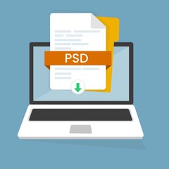 Scarica il pulsante PSD sullo schermo del laptop. Download del concetto di documento. File con etichetta PSD e segno freccia GIÙ. Illustrazione