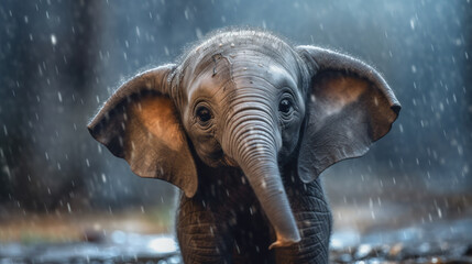 Heartbreaking Moments: A Baby Elephant's Solitude in the Rain. Generative AI