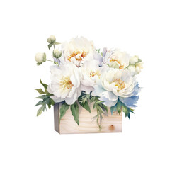 Watercolor white Peony bouquet ina wooden box, summer floral blossom, Generative AI, png image.