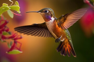 Fototapeta na wymiar A rufous golden hummingbird in flight